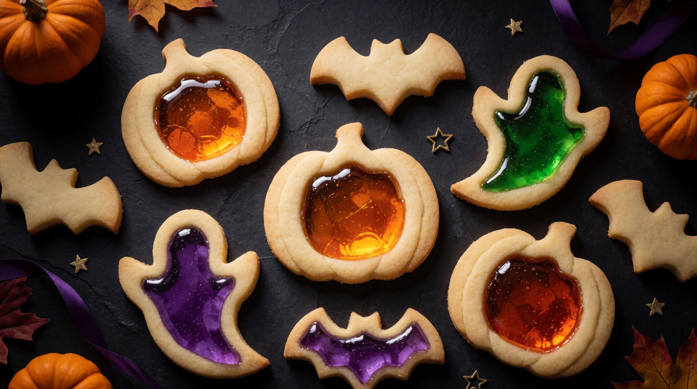 Halloween stained glass sugar cookies shaped like pumpkins, bats, and ghosts with colorful orange, purple, and green candy centers.