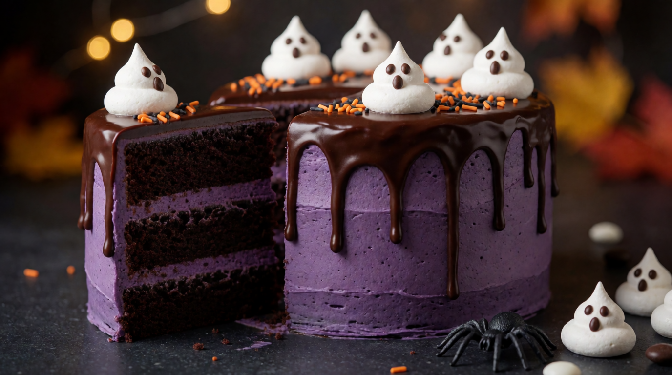Halloween ghost drip cake with purple buttercream, dark chocolate ganache drips, and white meringue ghost decorations.