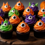 Halloween Monster Cupcakes with colorful orange, purple, and green buttercream frosting and candy eyes.