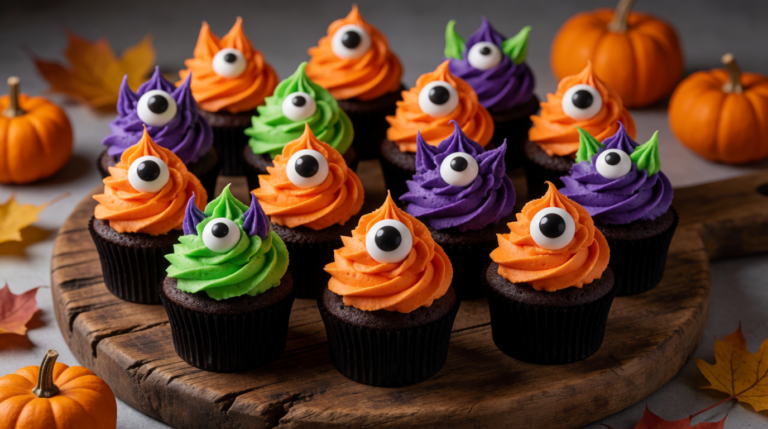 Halloween Monster Cupcakes with colorful orange, purple, and green buttercream frosting and candy eyes.