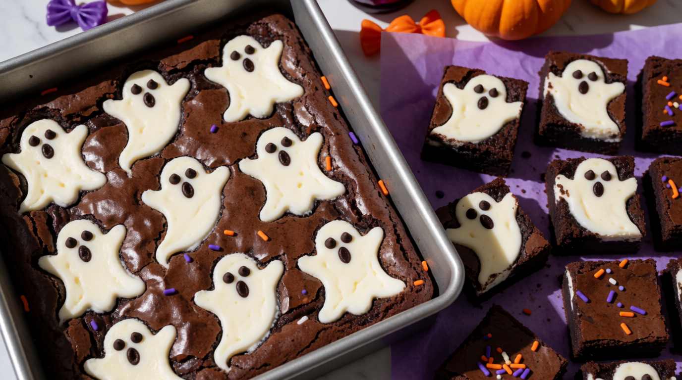 Fudgy Halloween ghost cheesecake brownies topped with white cheesecake ghosts and chocolate eyes