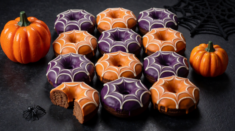 Baked Halloween chocolate donuts with purple and orange glaze and white chocolate spiderwebs