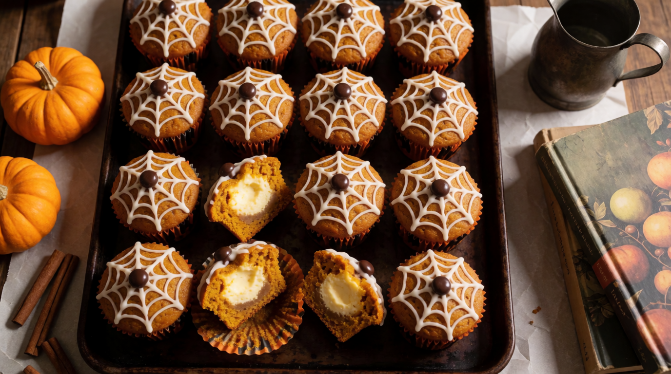 Halloween pumpkin cream cheese muffins decorated with chocolate spiderwebs